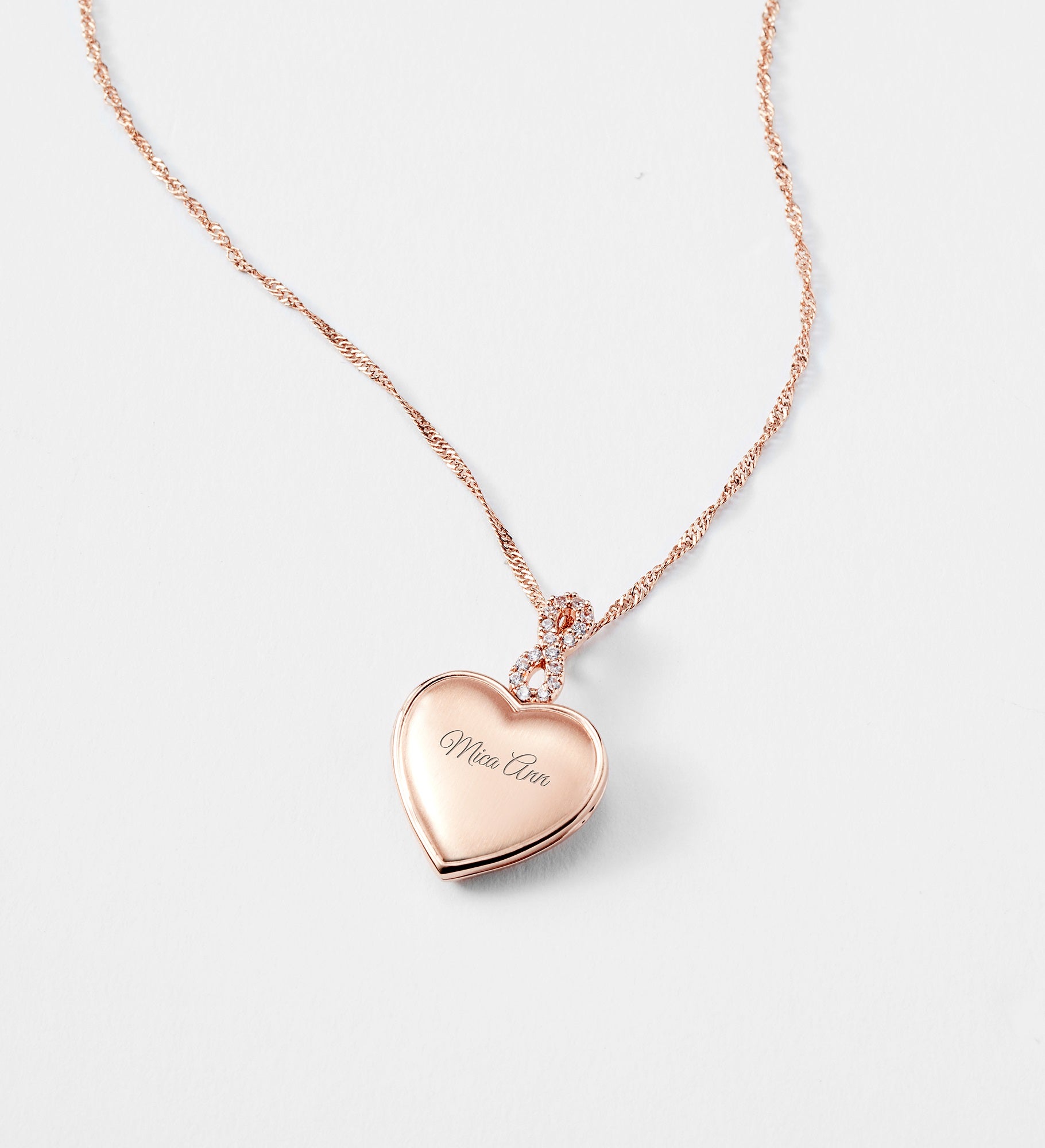 Kittenish Engraved Rose Gold Infinity Bail Heart Locket 