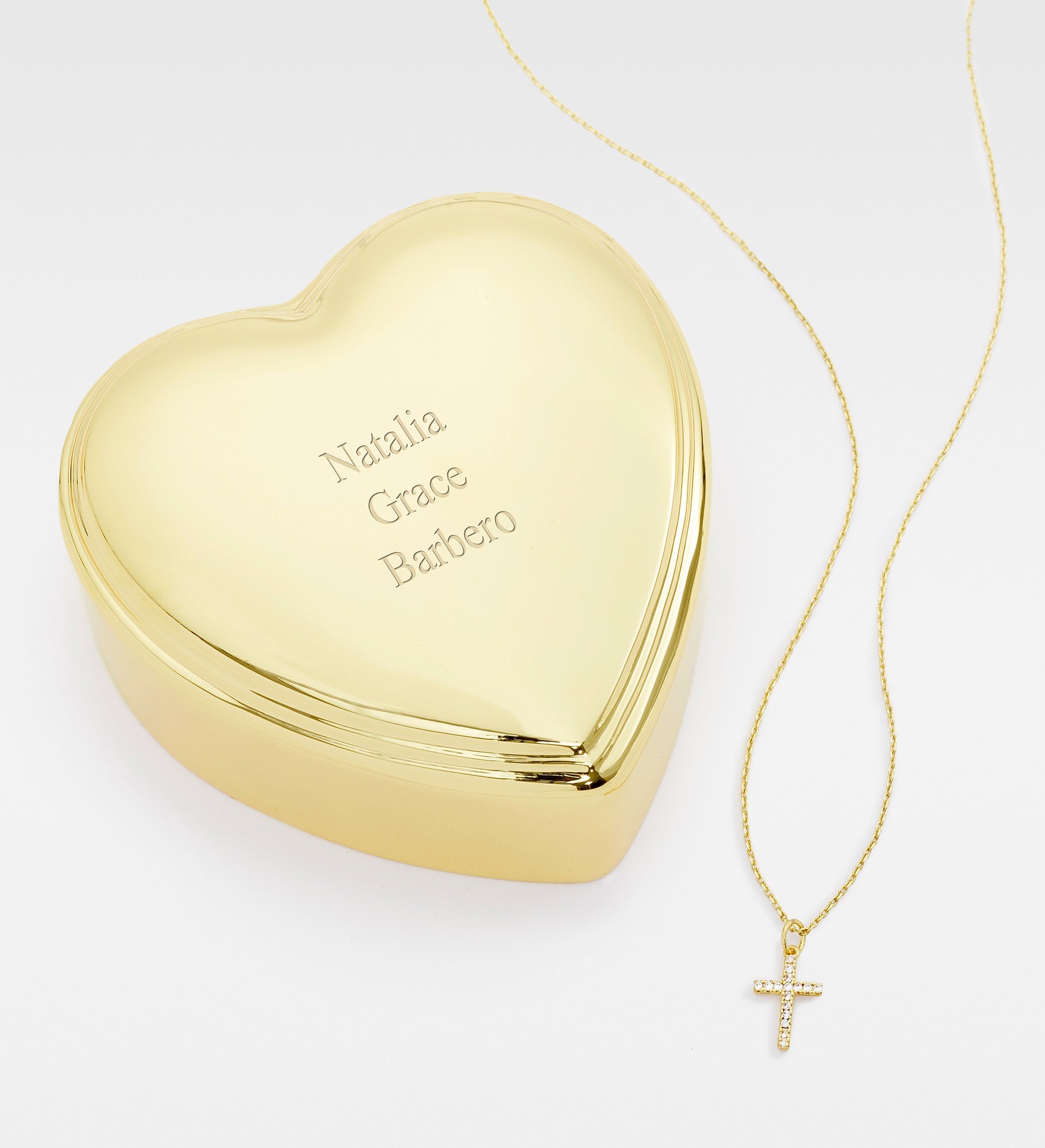 Kittenish Engraved Heart Box and Pave Cross Necklace Set