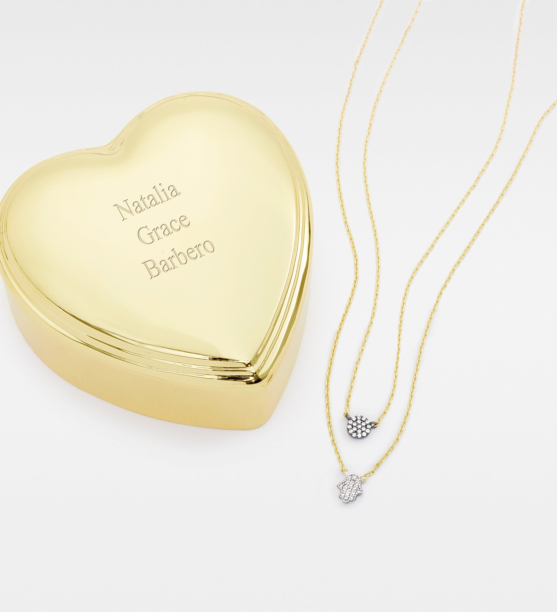 Kittenish Engraved Heart Box and Double Layer Hamsa Necklace Set
