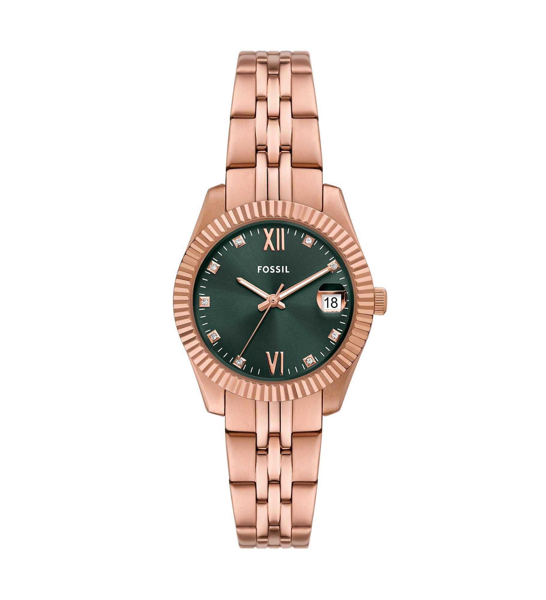 Engraved Fossil Scarlette Rose Gold & Green Watch