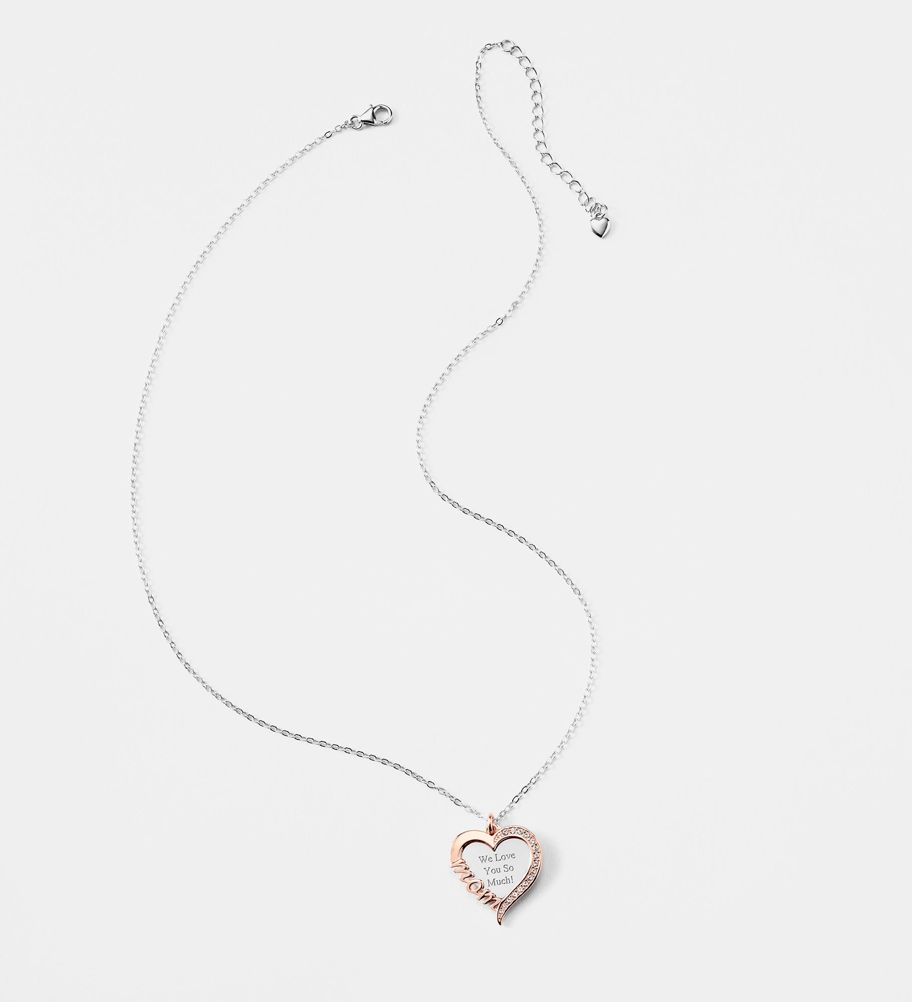 Kittenish Engraved Sterling Silver/Rose Gold Mom Heart Swing Necklace