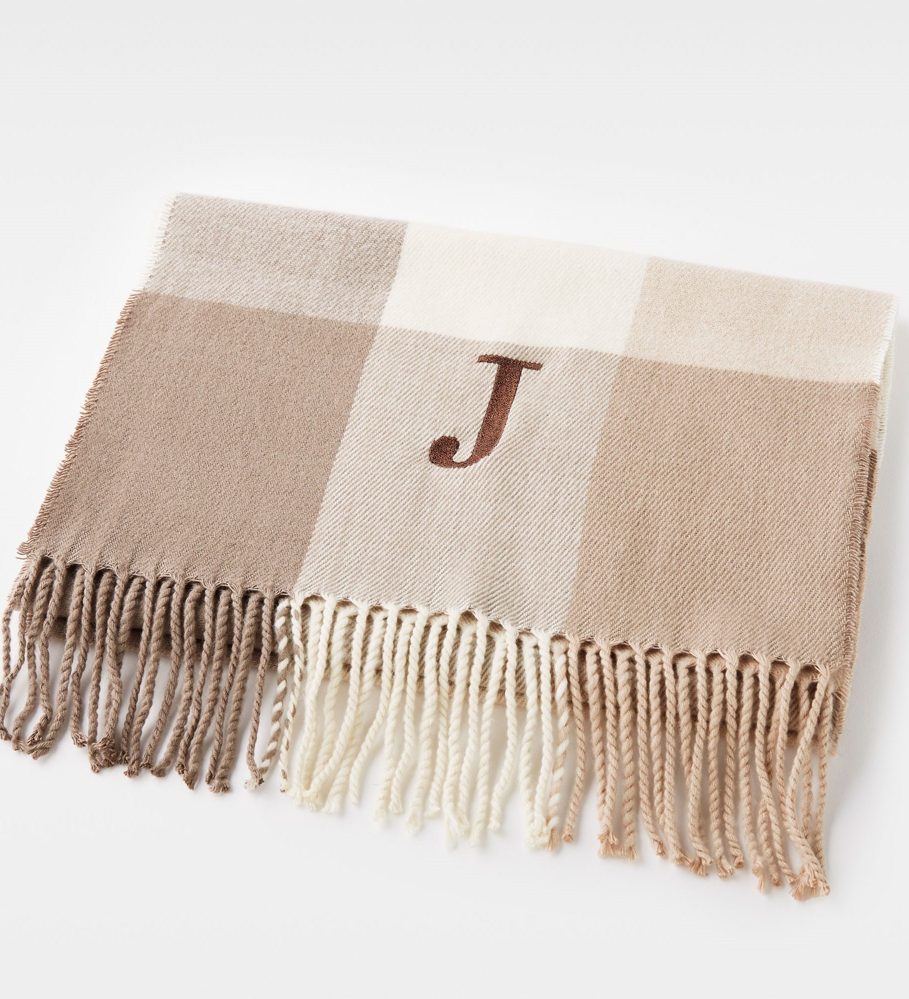 Kittenish Embroidered Soft Fringe Scarf in Neutral Plaid
