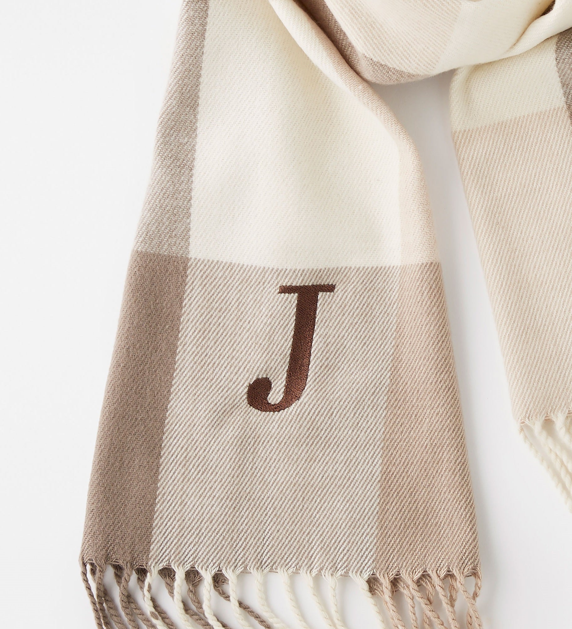 Kittenish Embroidered Soft Fringe Scarf in Neutral Plaid