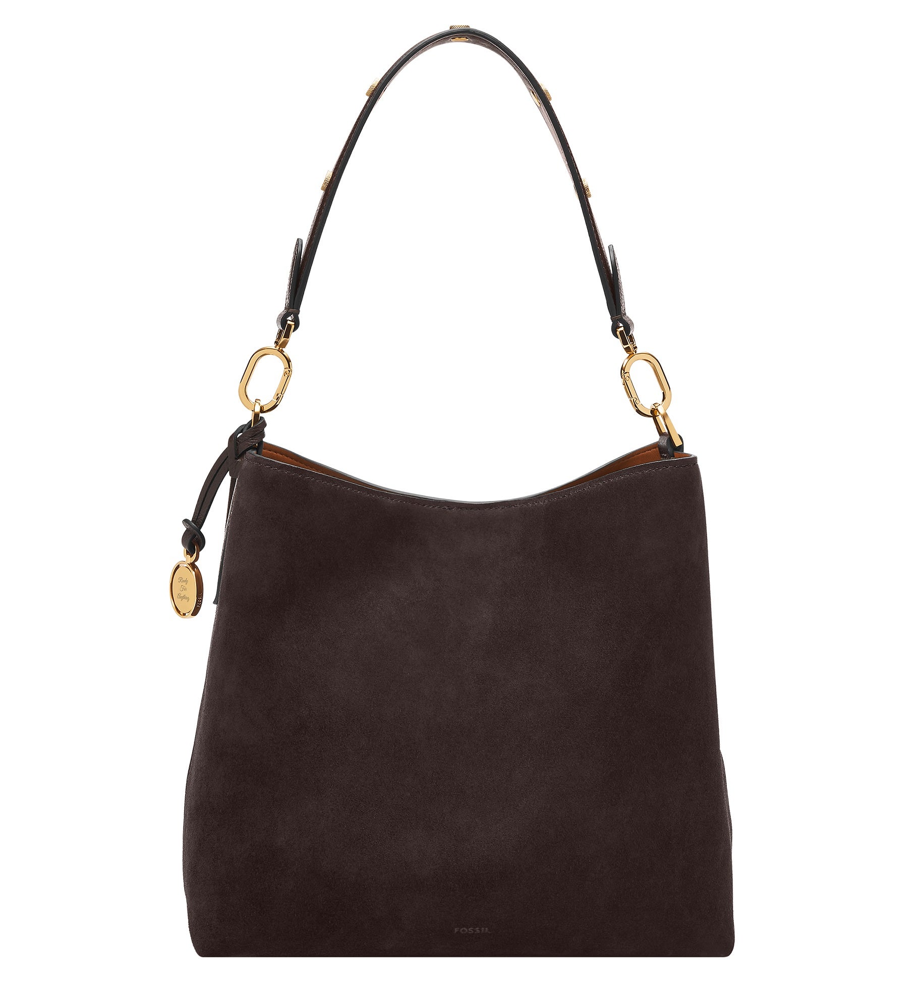Engraved Fossil Jessie Brown Suede Bucket Shoulder Bag