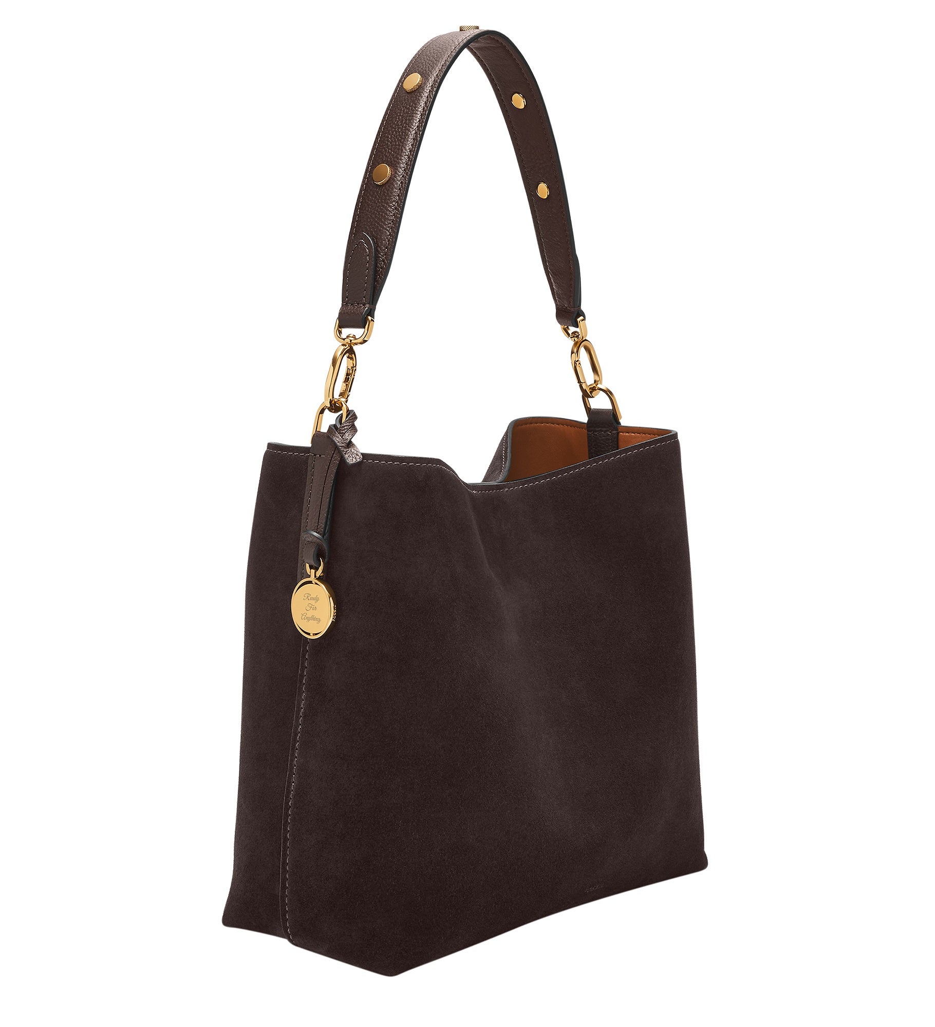 Engraved Fossil Jessie Brown Suede Bucket Shoulder Bag