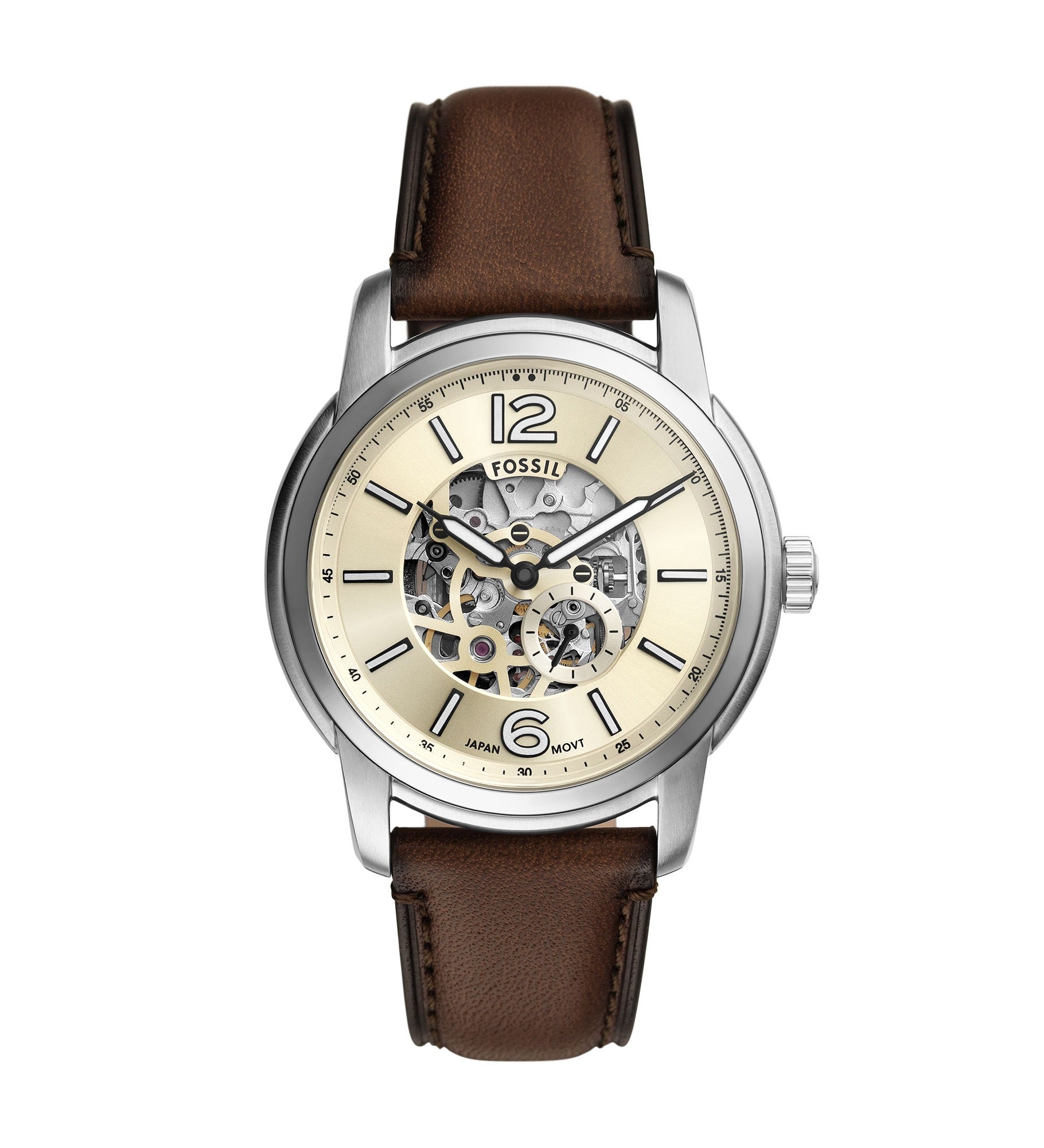 Engraved Fossil Heritage Skeleton Dark Brown Leather Watch