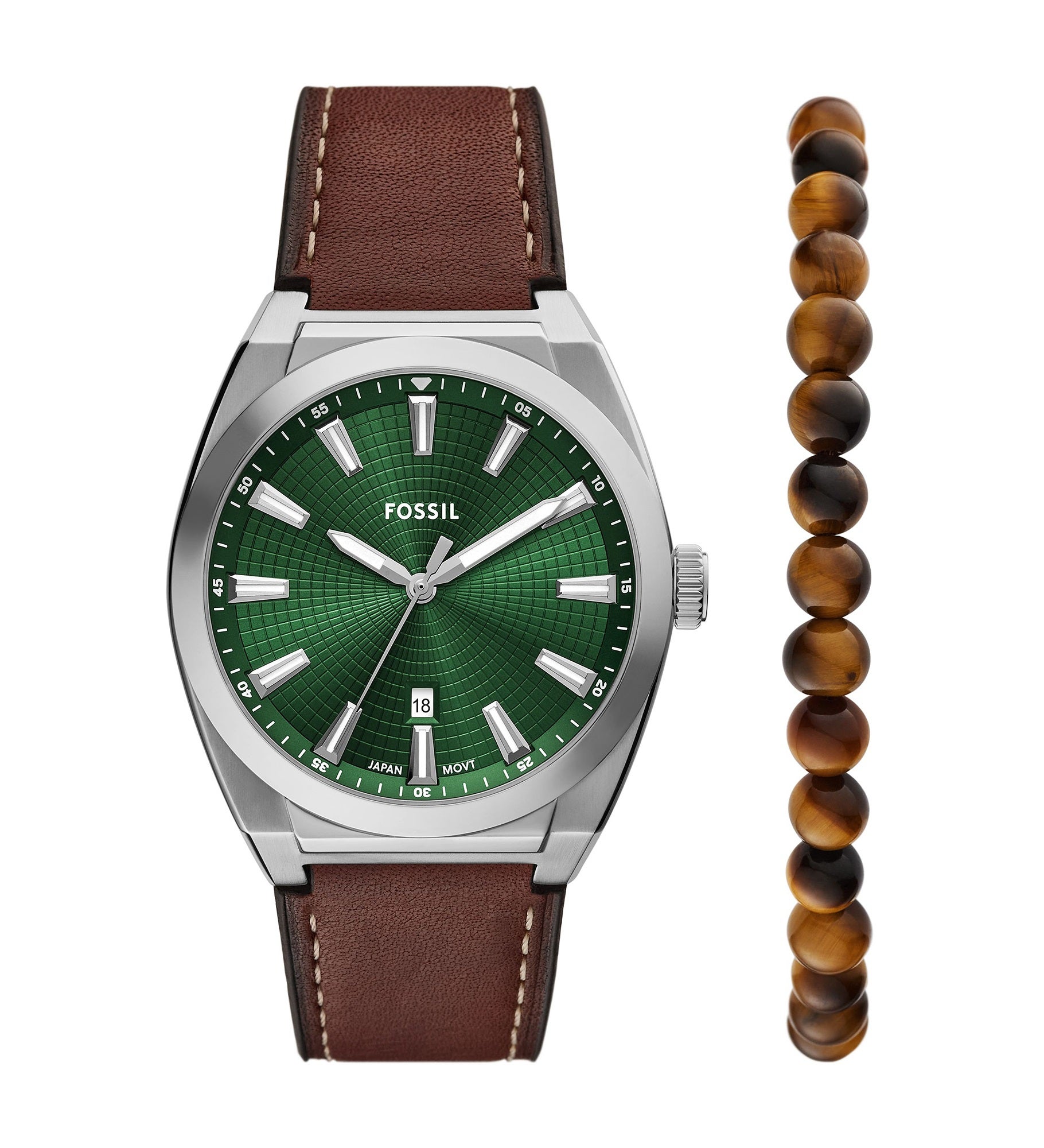 Engraved Fossil Everett Leather Watch and Beaded Bracelet Gift Set