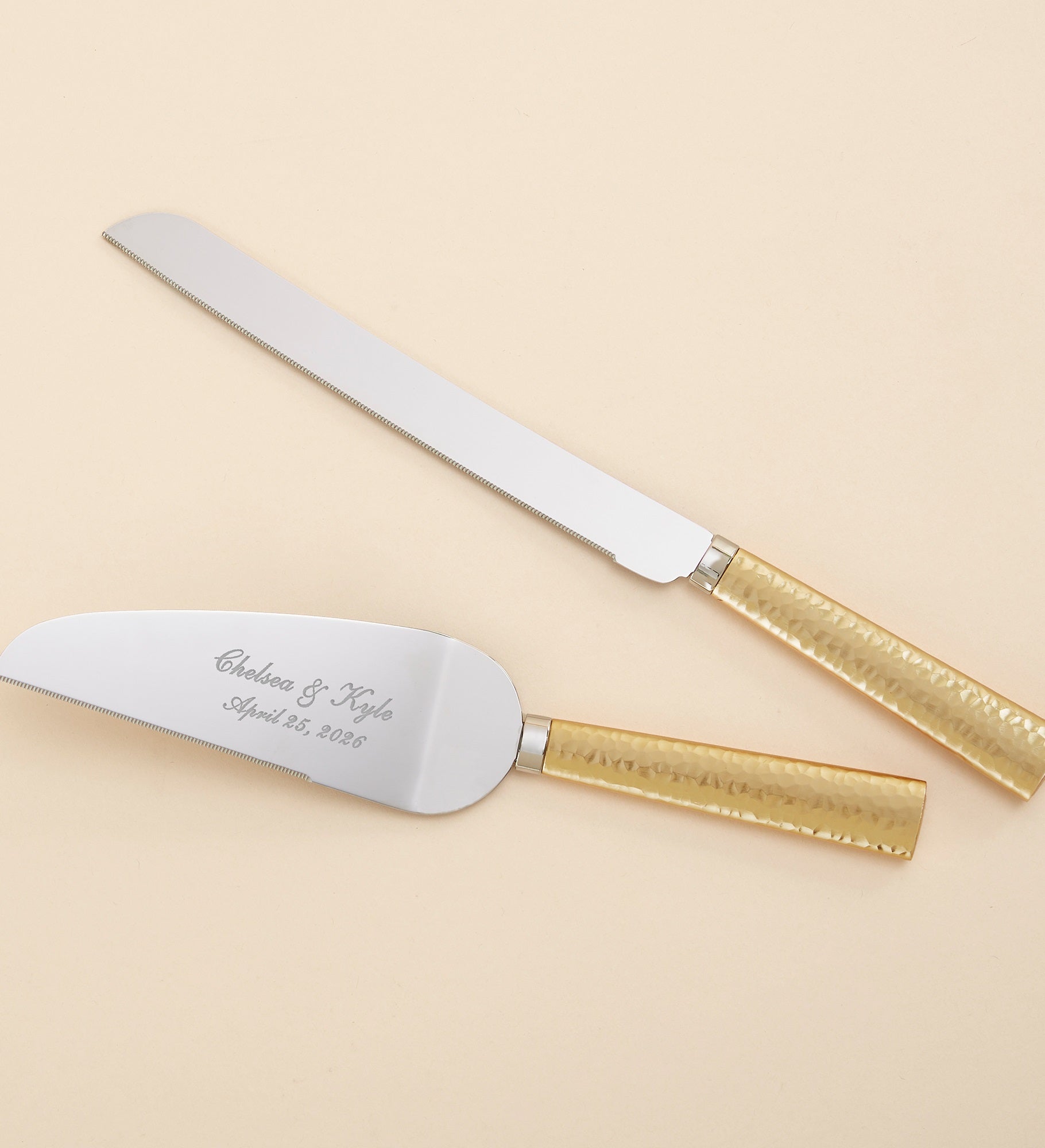 Kittenish Engraved Gold Hammered Wedding Cake Knife & Server Set