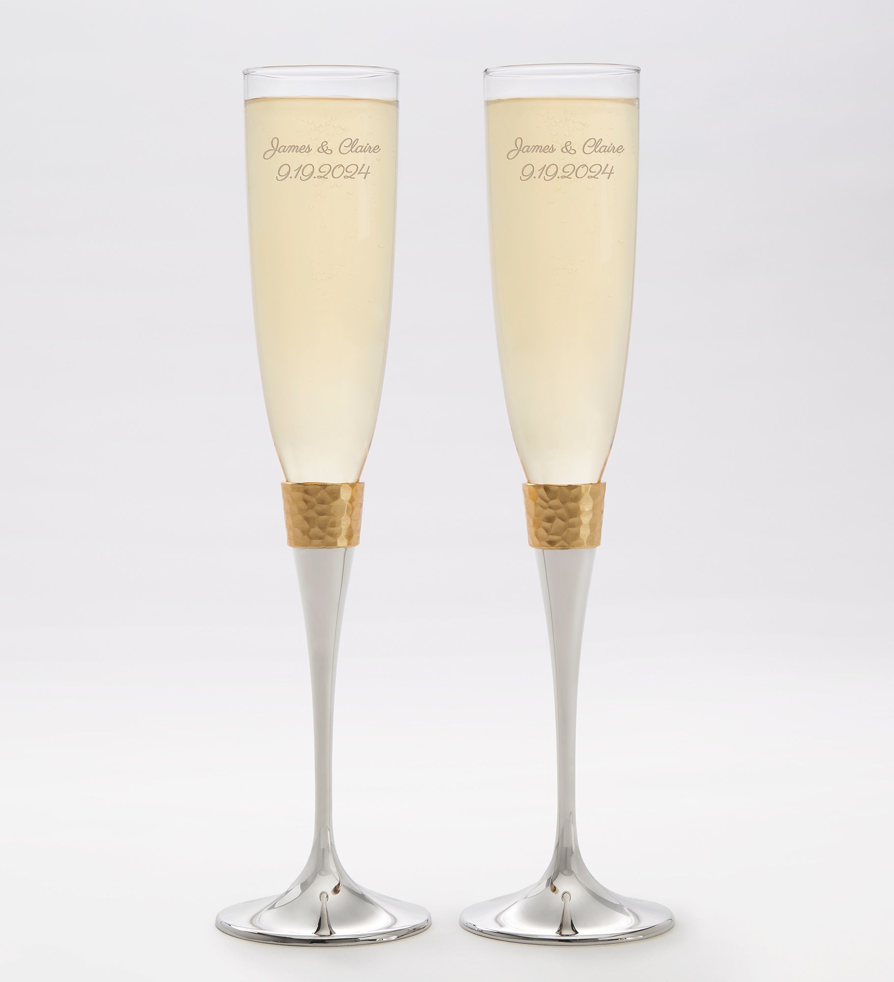Kittenish Etched Gold Hammered Champagne Flute Set
