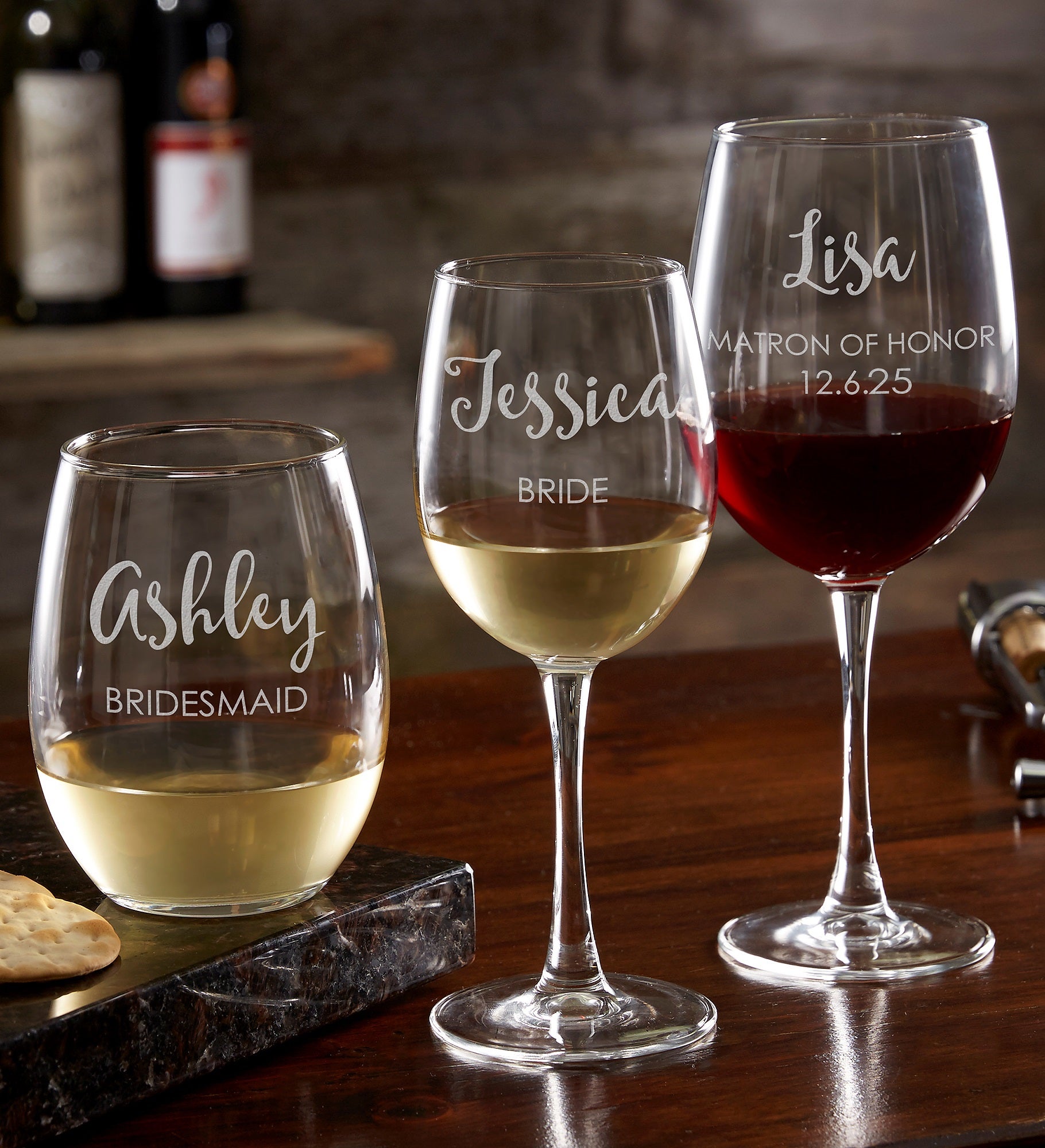 Kittenish Bridal Party Etched Wine Glass Collection