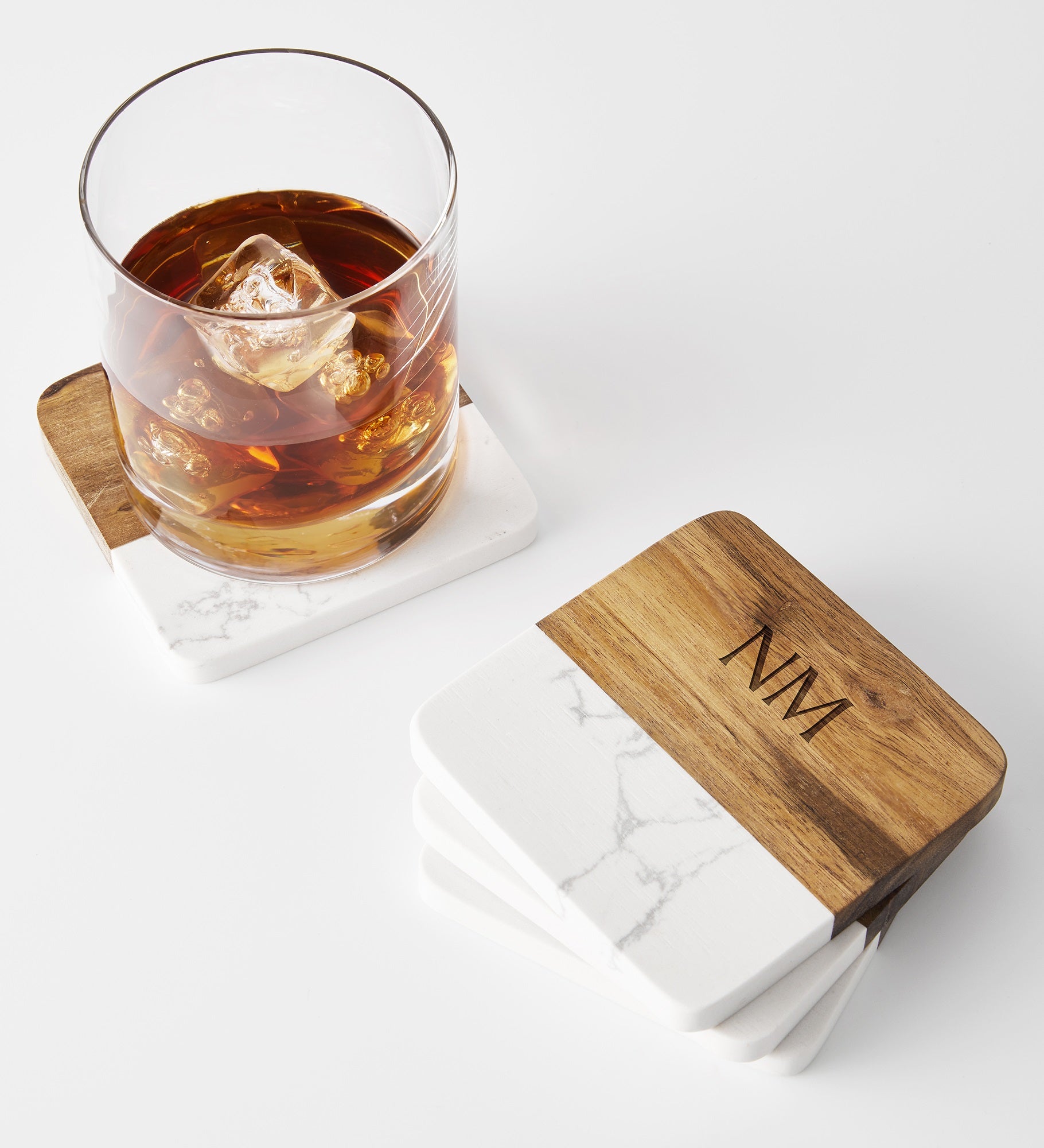 Kittenish Engraved Monogram Wood and Stone Coaster Set