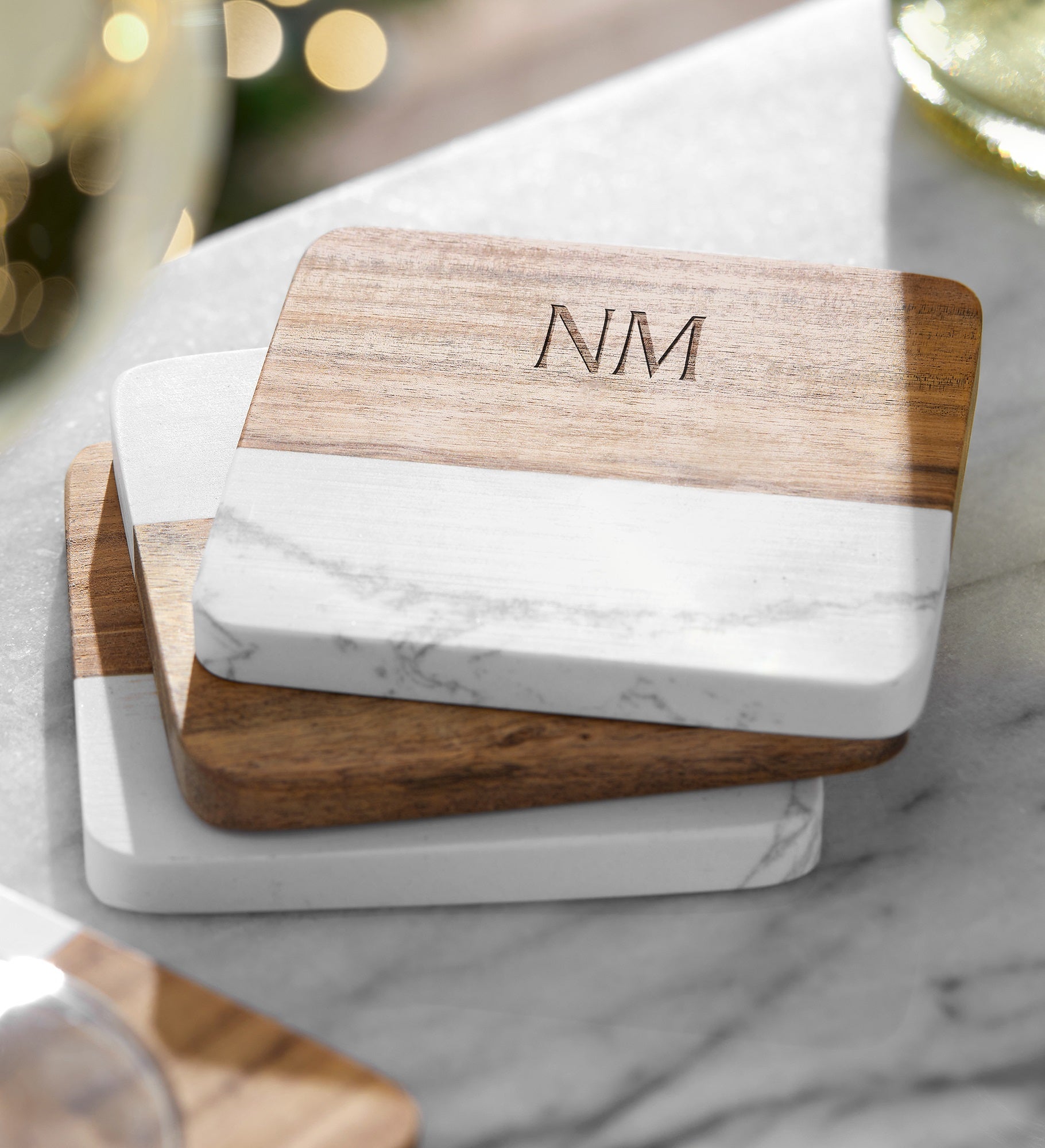 Kittenish Engraved Monogram Wood and Stone Coaster Set