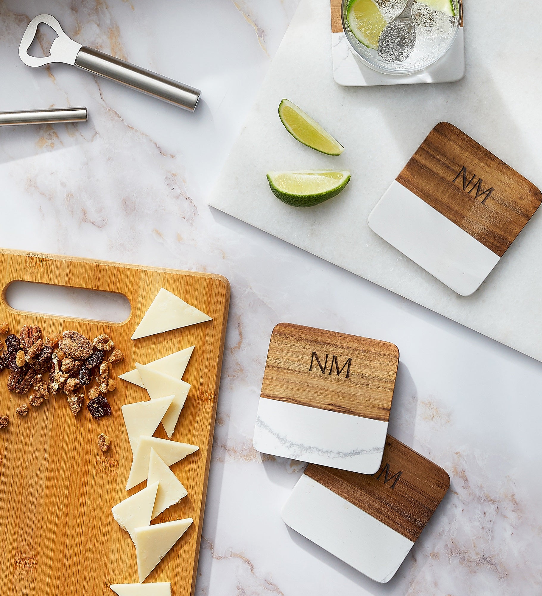 Kittenish Engraved Monogram Wood and Stone Coaster Set