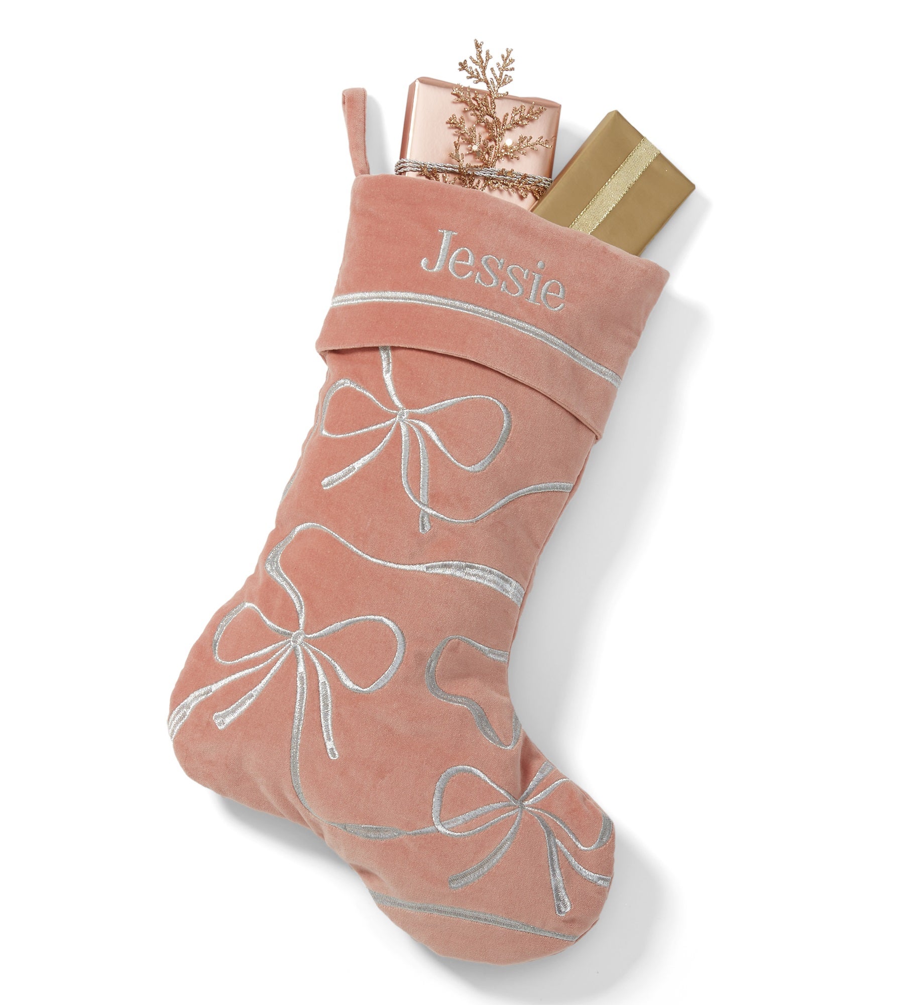 Kittenish Embroidered Bows & Ribbons Stocking in Pink/Silver