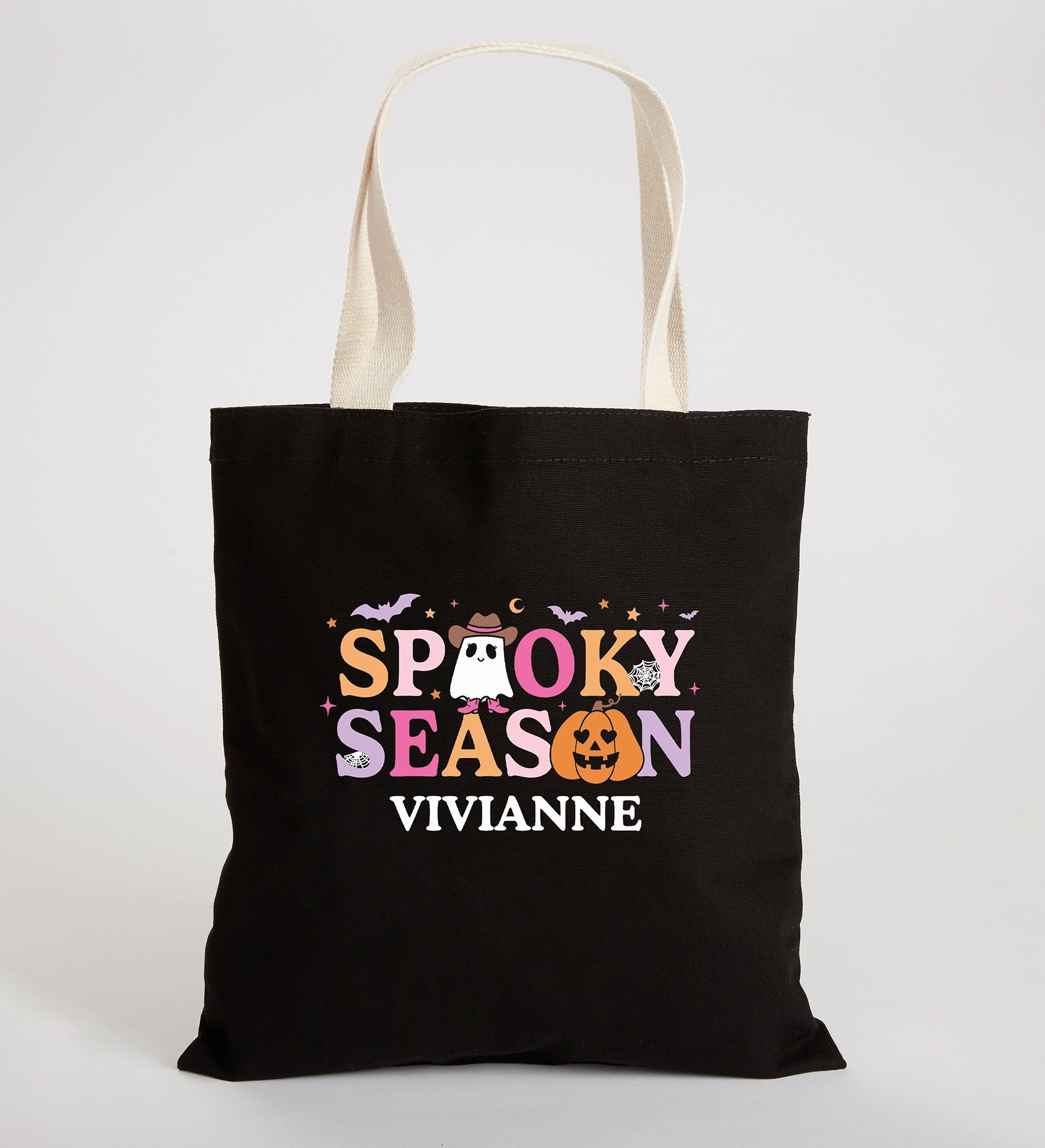 Kittenish Personalized Pinkoween Spooky Season Black Canvas Tote Bag